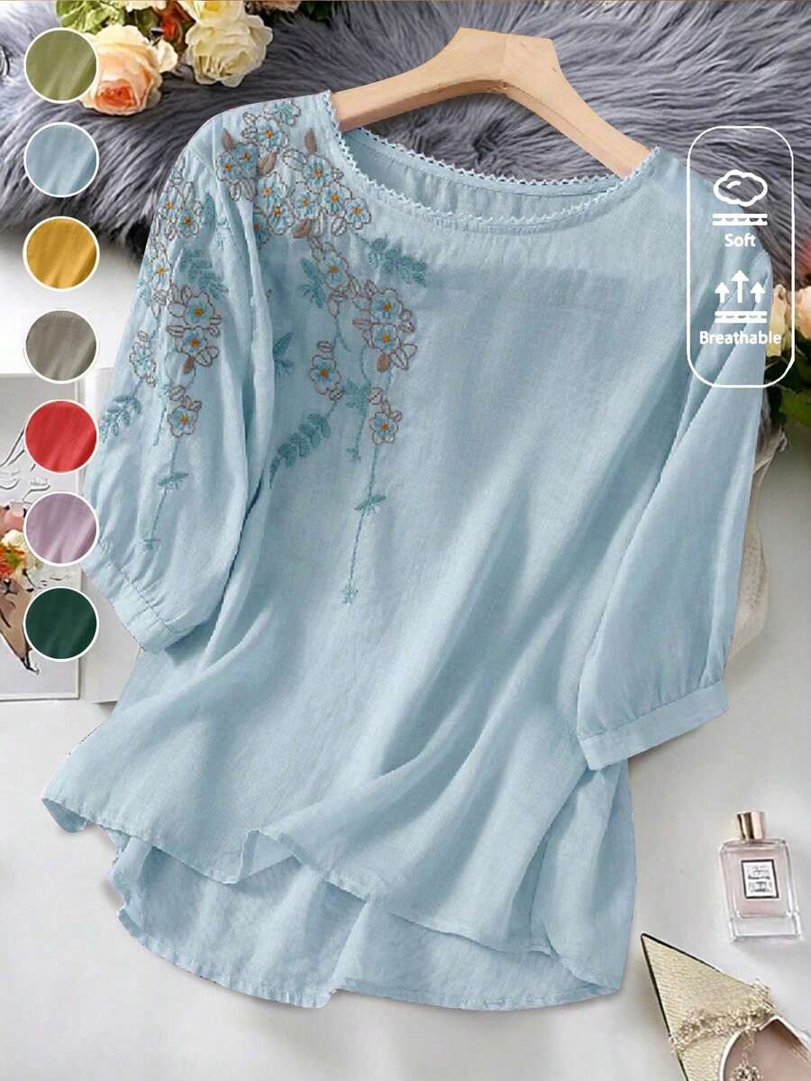 Áo kiểu nữ dáng rộng thêu họa tiết phong cách boho cổ điển, thích hợp mặc đi nghỉ mát mùa xuân/hè. - Màu xanh nhạt - Xem 1