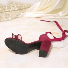Burgunderrote Perlen-Schleife Chunky High Heel Sandalen - Bordeaux - Übersicht 9