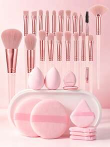 30件套化妆刷及海绵套装 - 20支柔软化妆刷（散粉/腮红/修容/粉底/眼影/唇刷）+ 2个化妆海绵 + 4个三角粉扑/2个指形粉扑/2个圆形粉扑，专业化妆工具，适用于液体/膏状/粉状化妆品 - 淺粉色 - 查看 12