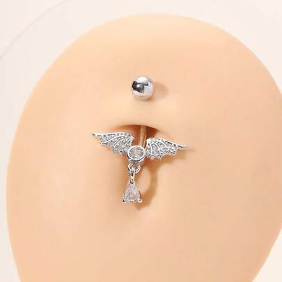 1件天使翅膀水钻肚脐环，闪亮立方氧化锆翅膀设计肚脐环饰品，男女皆宜，银色