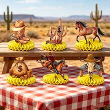 Decoración de sobremesa con forma de panal de estilo vaquero occidental, adecuada para la decoración de fiestas con temática occidental. Suministros para fiestas con temática occidental, un pequeño vaquero está llegando, adecuado para suministros de bautizo. Decoración de mantel de cumpleaños - Ver 5