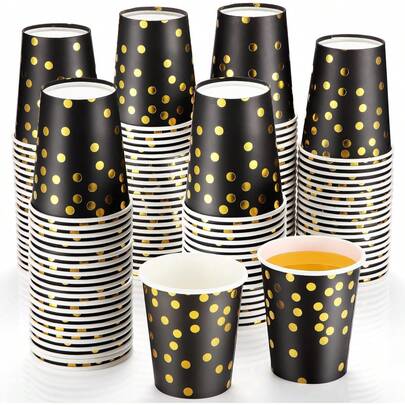 10/20/25 pièces Gobelets en papier thème noir et or, gobelets à motif pois dorés, convient pour anniversaire, rassemblement familial, retrouvailles de camarades de classe, pique-nique en plein air