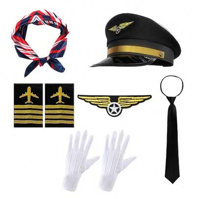 6 Pieces Of Female Flight Attendant And Captain Costume Accessories, Including Cosplay Accessories For Pilot And Captain, Pilot Hat, White Gloves, Chest Badge, Epaulettes, Tie, Scarf, Costume Accessories For Role-Playing, For Ball, Music Festival, Party