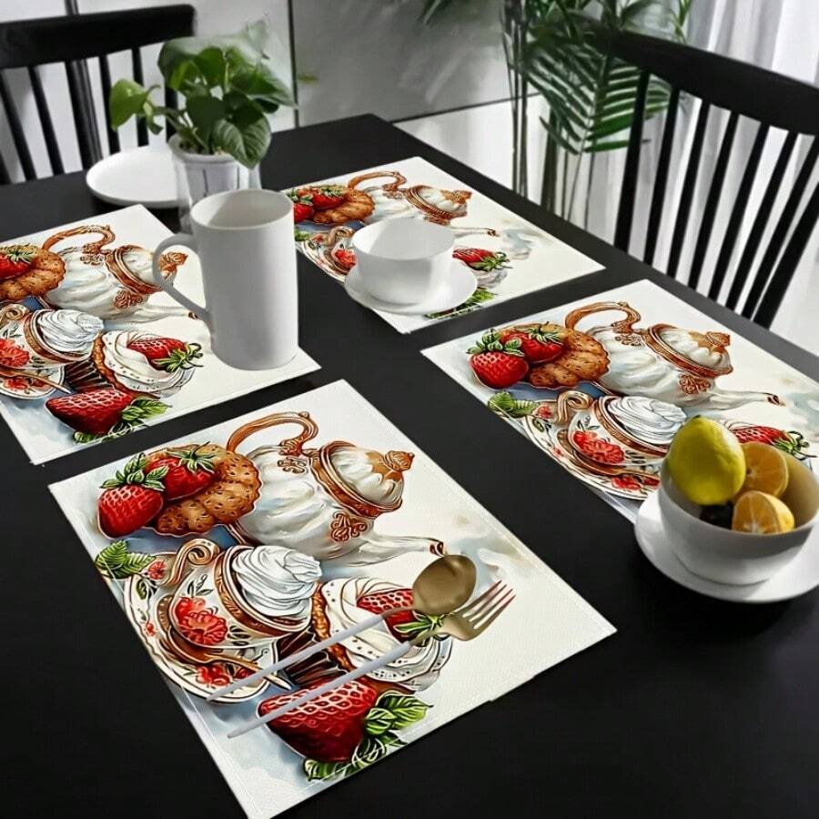 1/2/4/6/8/300pcs Strawberry Theme Placemat Set. Made Of 100% Polyester, Size 12 Inches * 18 Inches/30cm * 45cm. Machine Washable Polyester Placemats, Heat-Resistant, Stain-Resistant, Waterproof, And Easy To Clean. Suitable For Spring Home Decor, Household Essentials, Kitchen Supplies, And Family Gatherings.