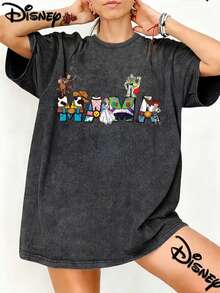 Disney Cartoon Print Oversized Vintage Washed T Shirt With TrendyDesign Toy Story Collage Mama Cowboy And Space Style Streetwear 2026Spring Summer Retro Fashion Must Have Crew Neck Tee - màu đen - Xem 1
