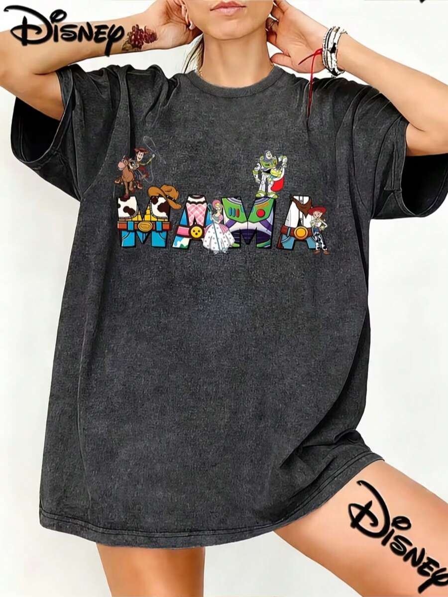 Disney Cartoon Print Oversized Vintage Washed T Shirt With TrendyDesign Toy Story Collage Mama Cowboy And Space Style Streetwear 2026Spring Summer Retro Fashion Must Have Crew Neck Tee - Svart - Visa 1