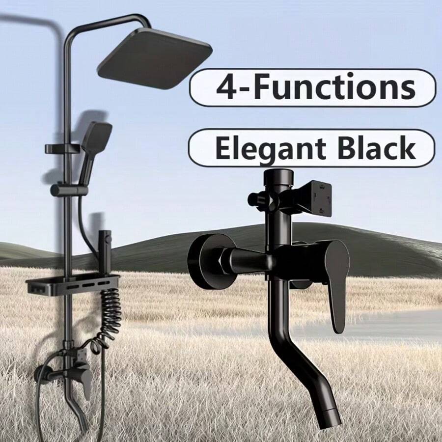 Black Four-Speed Adjustable Faucet, Pressurized Shower Head And Top Spray Combination, With Shelf, Household Essentials - Black - View 1