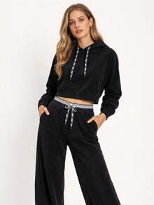Women's Ribbed Tracksuit Set, Hooded Pullover, Cuffed Sweatshirt, Straight-Leg Trousers With Belt, Pockets, Spring Autumn Casual - Black - View 2