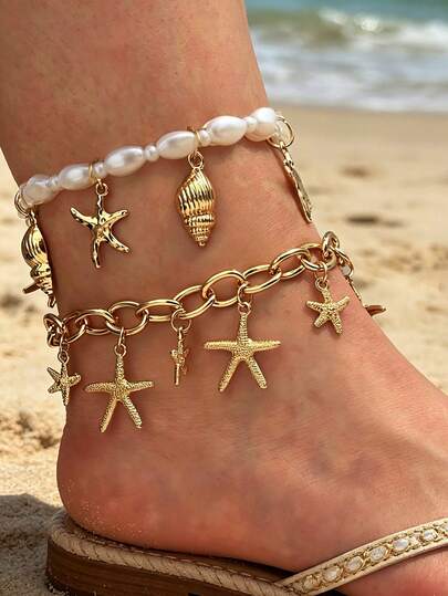 2件套复古波西米亚海滩度假风女士金属海星贝壳吊坠珍珠串珠脚链，适合日常佩戴和夏季海滩度假，礼品