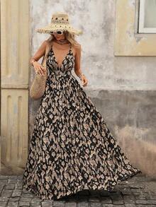 Vestido sin mangas de cuello en V con estampado total para vacaciones de verano de mujer - Negro - Ver 12