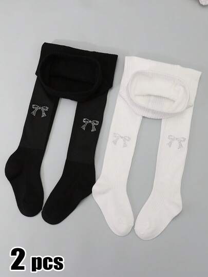 2pcs Girls' Butterfly Rhinestone Solid Vertical Striped Tights, Sweet & Cute, Suitable For Girls' Daily Wear