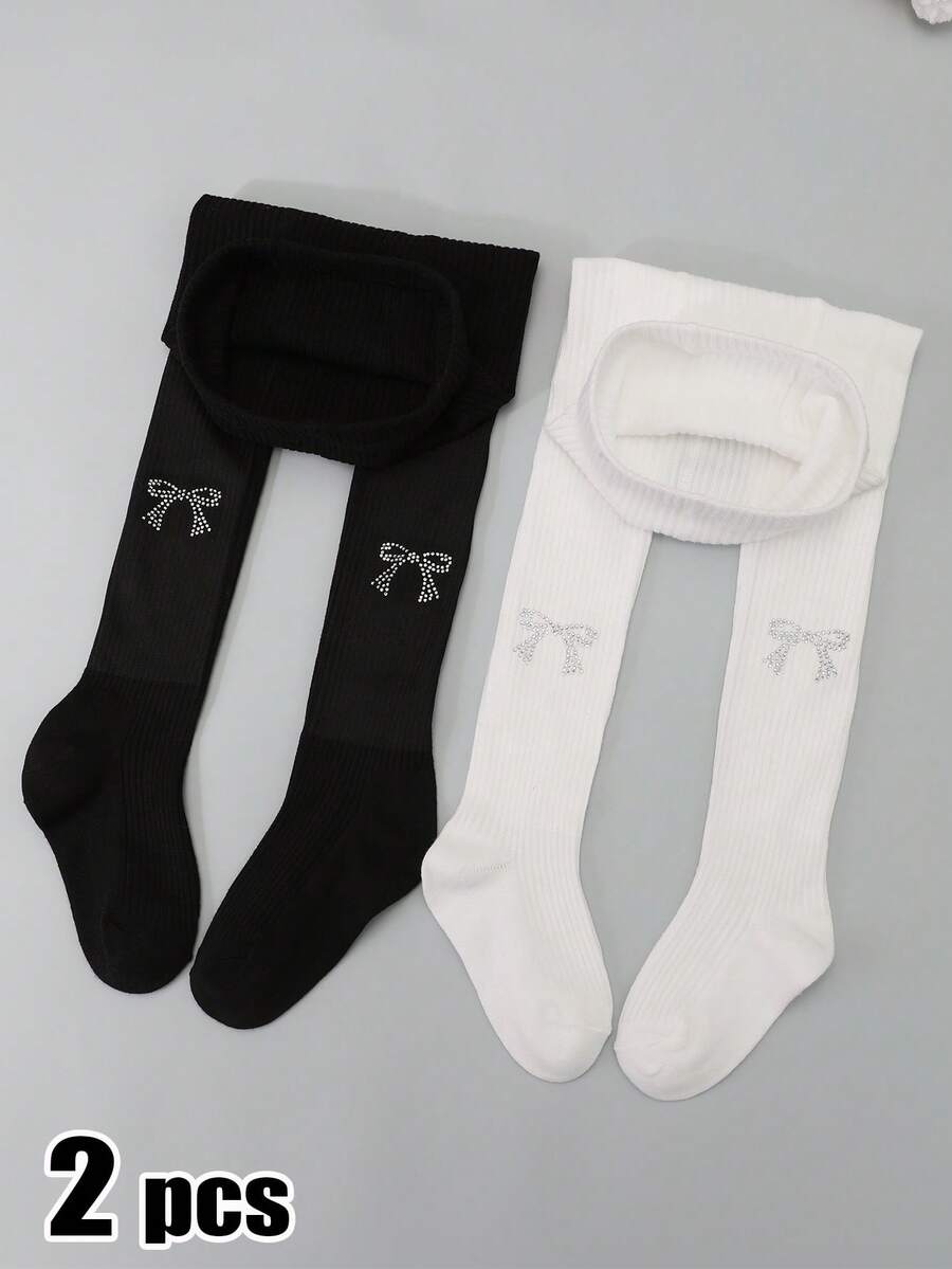 2pcs Girls' Butterfly Rhinestone Solid Vertical Striped Tights, Sweet & Cute, Suitable For Girls' Daily Wear - Black and White - View 1