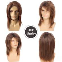 男士14英寸棕色渐变层次长直假发 - 耐热高温纤维，配有假发帽，适合日常佩戴和时尚造型 - 棕色 - 查看 5