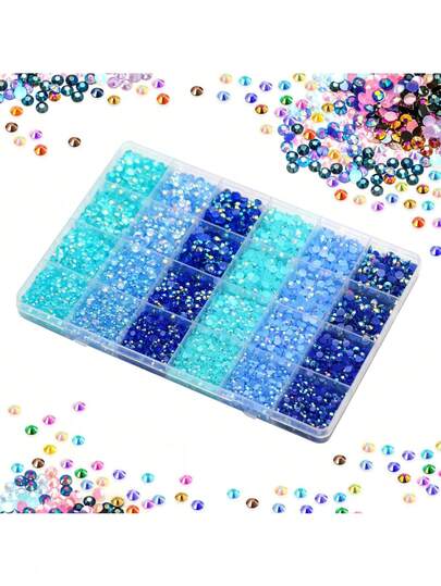 24pcs Multi-Size 2/3/4/5mm Blue Toned AB Jelly Resin Rhinestones, Flat Bottom Aurora Rhinestones For DIY Crafts, Shoes, Frames, Phone Cases, Clothing, Hats, Jewelry - High Sparkle Multi-Faceted