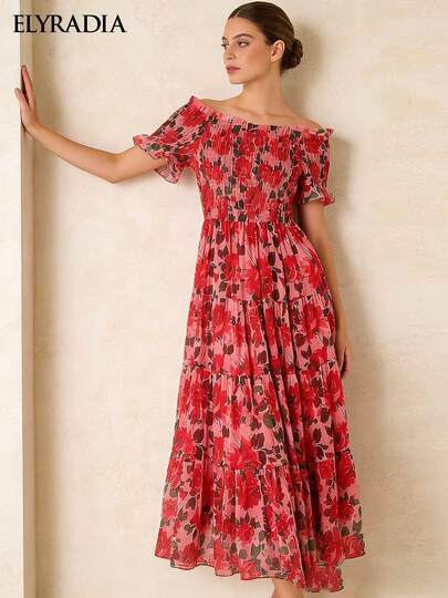 ELYRADIA Women's Summer Beach Vacation Outfit Off-Shoulder Casual Dress, Bohemian Style Shoulder-Baring Flared Hem Maxi Dress