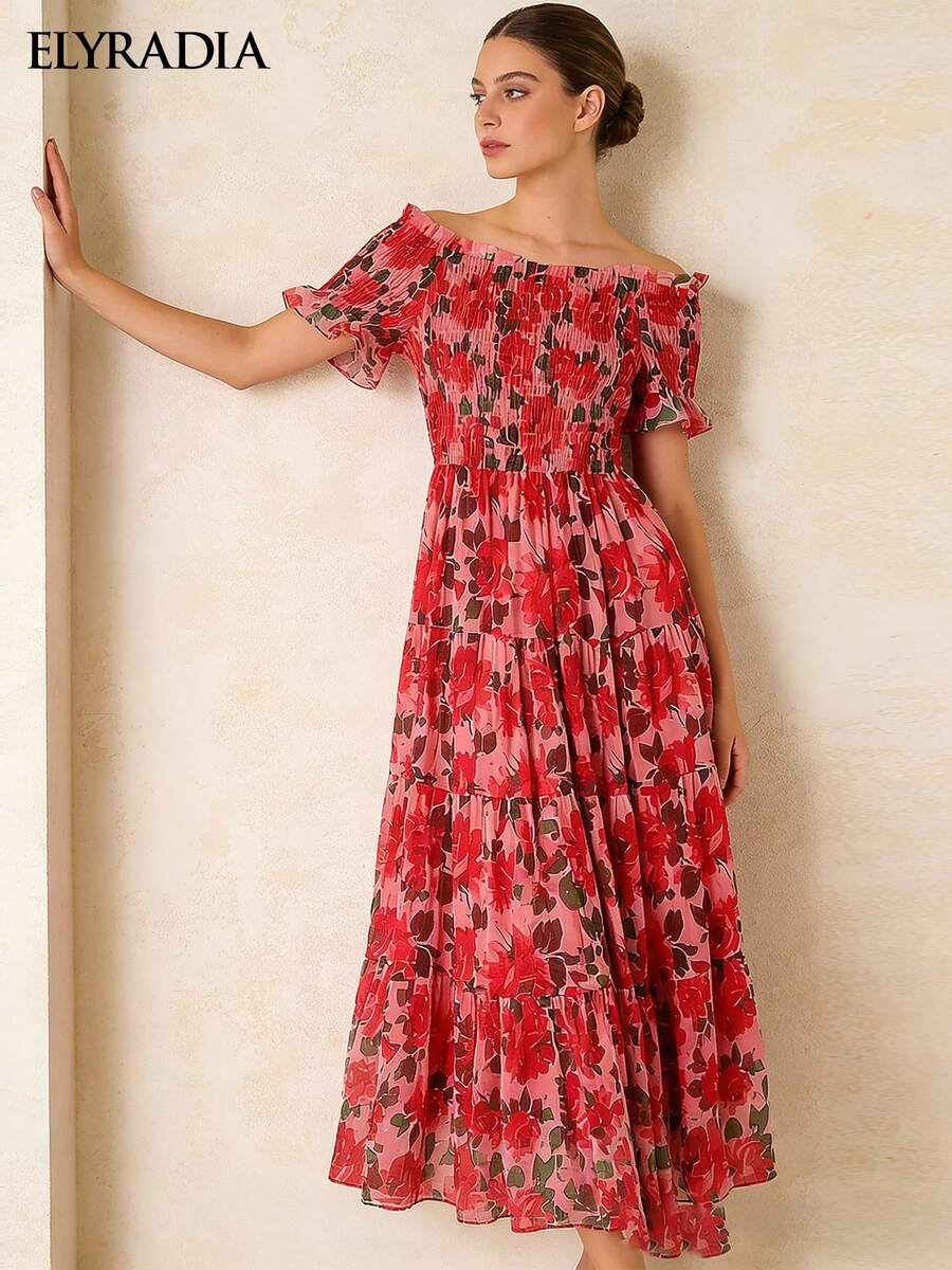 ELYRADIA Váy maxi nữ đi biển mùa hè phong cách Bohemian, trễ vai, xòe gấu, dáng suông thoải mái - Đỏ - Xem 1