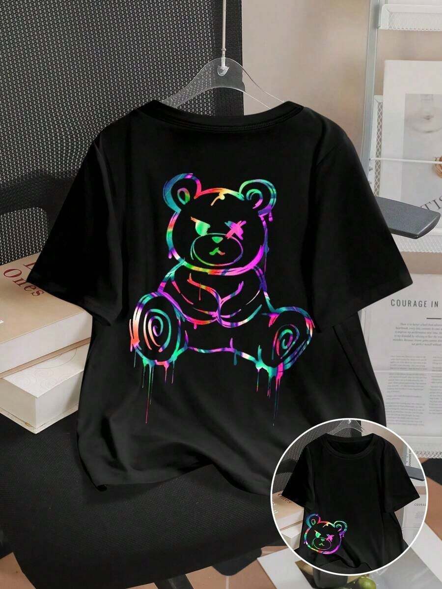 Unisex Size. Women's Plus Size Summer Cotton T-Shirt. 1PSCUnity Comfortable Short Sleeve T-Shirt With Digital Skull Bear Print, Sexy Front Design, Suitable For Home, Summer. Sweat-Absorbing, Soft, And Skin-Friendly Material. - 黑色 - 查看 1