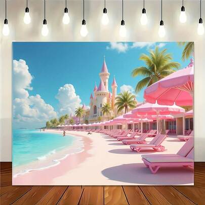1 chiếc banner trang trí tiệc kiểu chạm khắc 2D, họa tiết bãi biển màu hồng, màu sắc tươi sáng, chất liệu polyester bền, không cần điện, thích hợp cho đám cưới.