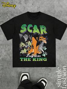 The Classic Villainous Faction Image Of Disney Men's Scar And Hyenas, Paired With The Text And Paw Print Elements Of "Long Live THE KING", Exudes A Retro Street Tension In The Dark. The Round Neck Short Sleeved Casual T-Shirt And Drawstring Waist Shorts Set Are A Boyfriend Gift, Suitable For Outings, Vacations, And Comfortable Wear - 黑+黑 - 查看 2