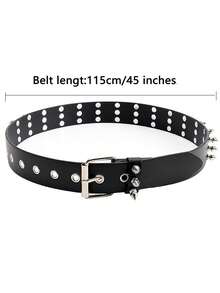 1pc Gothic Style Triple Row Rivet Spiked Women's Belt, Solid Color Punk PU Leather - Black - View 5