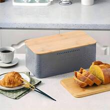 LIVINGANDHOME Grey Metal Bread Box With Bamboo Lid, Premium Galvanized ...