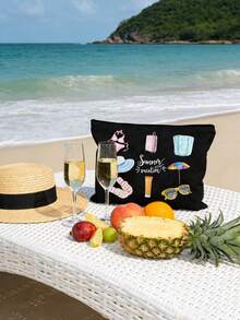 Borsa cosmetica da viaggio estiva in acquerello, pochette in tela con zip e stampe da spiaggia, organizer per il trucco da viaggio carino con bikini e occhiali alla moda - Multicolore - Visualizzare 2