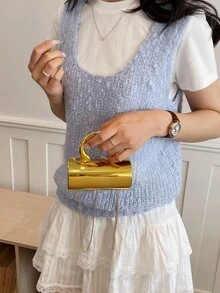贝壳造型装饰包，迷你晚宴包，女士个性时尚链条口红包，适合情人节、派对、约会、单肩包、零钱包、金色耳机包、女士礼物、硬壳收纳包 - 金色 - 查看 4