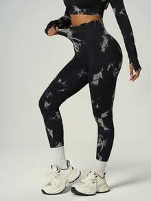 UONNOU Spring Tie Dye High Waist Yoga Leggings - Black and White - View 5