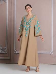 Khaki Embroidery, Middle Eastern Style 3D Holographic Embroidery, Rhinestone-Encrusted Elegant Robe/Coat,Kaftan Robe, Abaya Robe BC4648(Custom Design) - Camel - View 3