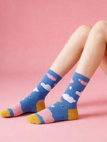 1 Pair Collegiate Style Cloud Pattern Socks, Suitable For Daily Wear - White - View 5