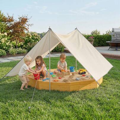 QABA 84" X 84" X 9" Large Octagon Kids Sandbox With Canopy, Outdoor Wooden Sand Box With 4 Bench Seats, Bottom Liner For 8 Kids, Sand Pit For Backyard Garden For Aged 3-8, Yellow