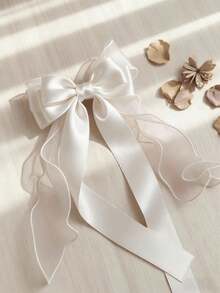 1 chiếc kẹp tóc nơ lớn màu trắng dành cho phụ nữ và bé gái, chất liệu satin và organza hai lớp thanh lịch. - Ánh sáng - Xem 1