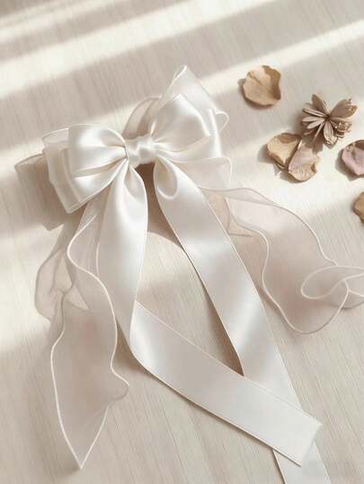 1 chiếc kẹp tóc nơ lớn màu trắng dành cho phụ nữ và bé gái, chất liệu satin và organza hai lớp thanh lịch.