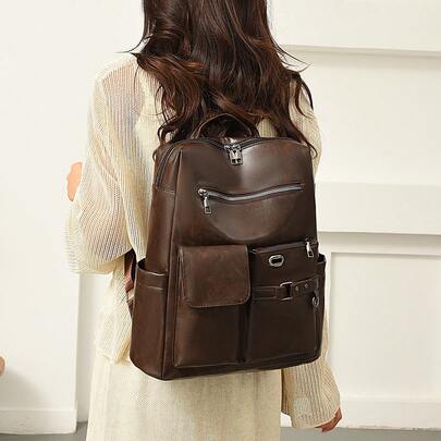 LECEY 1pc Fashionable Minimalist Patchwork Design Large Capacity Women Backpack, Suitable For Outdoor Travel And Daily Use