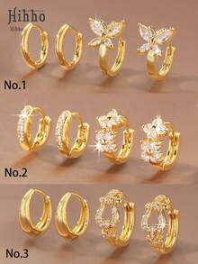 Hihho 2 Sets Of Exquisite And Unique Shiny Earring Sets, Featuring Various Designs Such As Plain Hoops, Butterflies, Flower Clusters, And Chains. Versatile Jewelry Earrings Suitable For Daily Commute Or Vacation - Yellow Gold - View 1