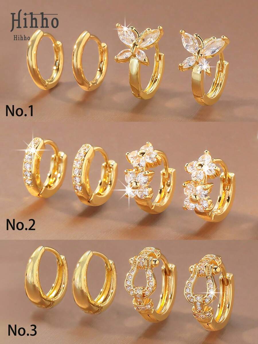 Hihho 2 Sets Of Exquisite And Unique Shiny Earring Sets, Featuring Various Designs Such As Plain Hoops, Butterflies, Flower Clusters, And Chains. Versatile Jewelry Earrings Suitable For Daily Commute Or Vacation - Yellow Gold - View 1