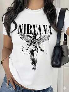 Camiseta Gráfica con Logo de Banda para Mujer, Camiseta Vintage de Música Grunge, Top con Estampado de Estatua de Ángel Caído, Camiseta Negra Retro Rock de Manga Corta y Talla Grande. - Blanco - Ver 8