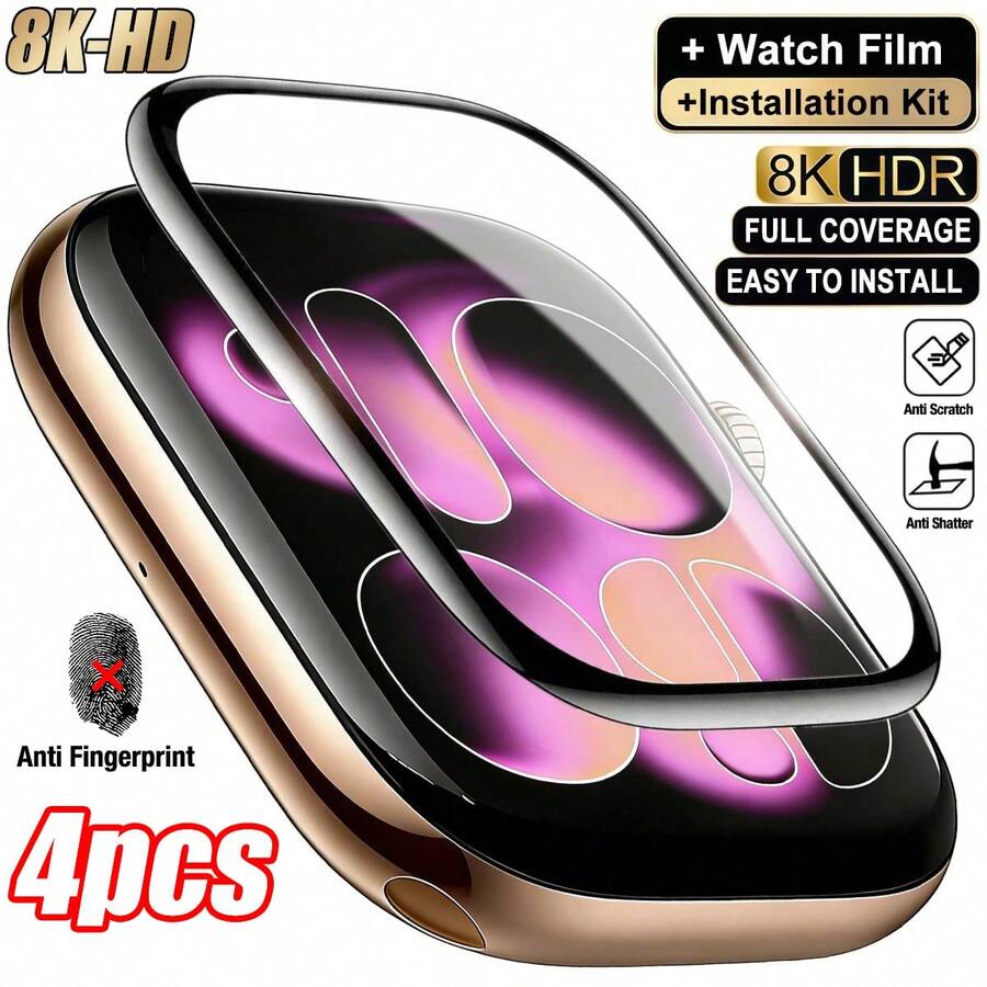 CASECOPS 4pcs Full Coverage High-Definition Screen Protector, Featuring Curved Composite Film And Carbon Fiber Style, Soft Material, Non-Glass, High-Definition Anti-Fingerprint, Suitable For Apple Watch 38/40/41/41/42/44/45/46/49mm, Ultra3/2/1/SE, 11/10/9/8/7/6/5/4/3/2/1 Series. Anti-Oil, Anti-Scratch, Anti-Fingerprint, Dust Protection, Full Coverage, No Bubbles, Easy Installation.