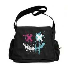 军绿色涂鸦笑脸帆布斜挎包，Abby 风格图案印花大容量学生/通勤信使包 - 彩色 - 查看 5