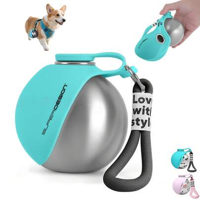 1pc Pet Supplies Dog Outdoor Portable Drinking Water Bottle, 304 Stainless Steel Hanging Hook Spherical Reflux Foldable Water Dispenser
