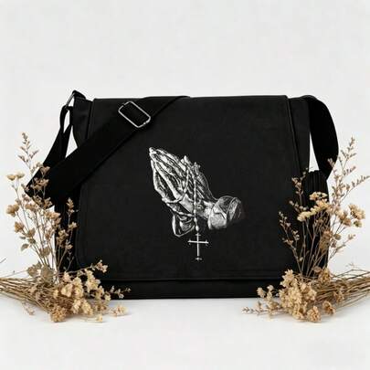 Military Green Prayer Hand Cross Print Canvas Messenger Bag, Vintage Dark Style Large Capacity Student/Work Satchel