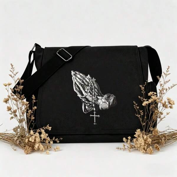 Bolso de mensajero de lona con estampado de cruz de mano de oración en verde militar, estilo vintage oscuro de gran capacidad para estudiantes/trabajo