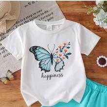 Conjunto de camiseta de manga corta y pantalones cortos con estampado de mariposas y flores "Feliz" para niñas de 4 a 8 años, conjunto de ropa casual de verano - Azul menta - Ver 6