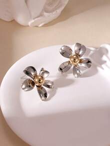 1 par de pendientes de botón con diseño de hoja y pétalo de flor minimalista de metal, pendientes elegantes y únicos para mujeres - Multicolor - Ver 3