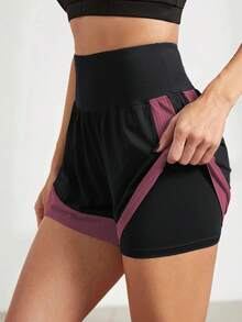 Pantalones cortos deportivos holgados para mujer, para correr, antiexposición, de secado rápido, para uso exterior, pantalones cortos de yoga de dos piezas falsos - Rojo rosa negro - Ver 4
