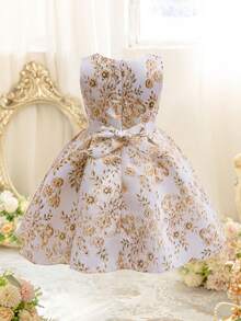 EHOMKIDS 女孩印花金色蝴蝶结装饰中长连衣裙，儿童婚礼派对礼服 - 金色 - 查看 3