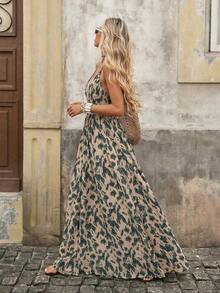 Vestido sin mangas de cuello en V con estampado total para vacaciones de verano de mujer - Negro - Ver 11