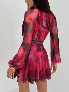 Vestido de manga larga ajustado con silueta de paraguas para mujer, nuevo para otoño/invierno, para uso casual/citas/salidas/maestras, vestido romántico con estampado de teñido anudado en púrpura y cuello alto con lazo en la cintura - Burdeos - Ver 2
