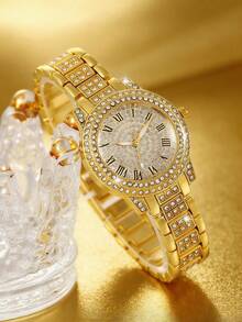 Bộ trang sức và đồng hồ nữ 9 món đính đá Zirconia & Rhinestone, bao gồm 2 vòng tay, 2 dây chuyền, 2 nhẫn, 4 bông tai và 1 dây đeo đồng hồ mạ vàng, thích hợp để đeo hàng ngày. - Vàng - Xem 4
