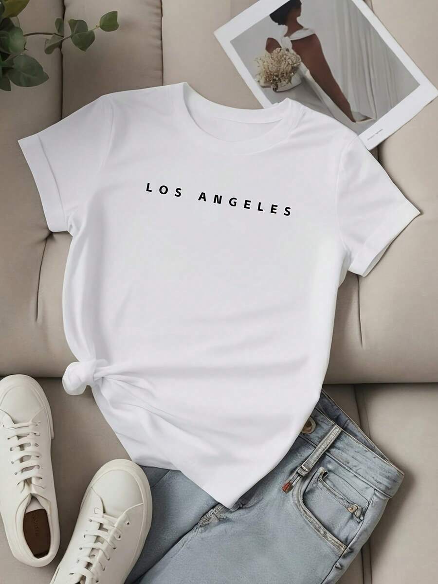 Talla unisex. Camiseta de algodón de verano de talla grande para mujer. Camiseta casual de manga corta y cuello redondo para mujer, estampada con la inscripción "LOS ANGELES". ㎡ Elasticidad media, lavable a máquina, cómodo para todas las estaciones, perfecto para el verano, exclusivo para entusiastas de la moda. El material absorbe el sudor, es suave y agradable al tacto. - Blanco - Ver 1